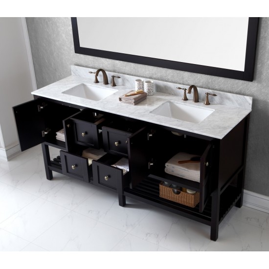 Winterfell 72" Double Bath Vanity in Espresso with White Marble Top and Square Sinks and Matching Mirror