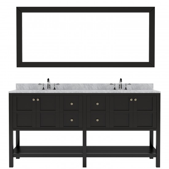 Winterfell 72" Double Bath Vanity in Espresso with White Marble Top and Square Sinks with Polished Chrome Faucets and Mirror