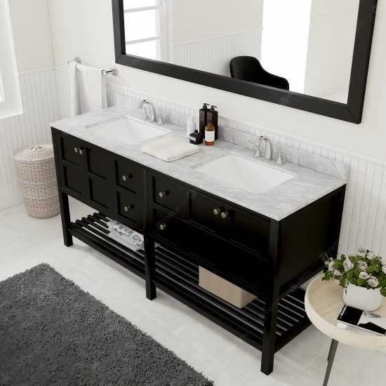 Winterfell 72" Double Bath Vanity in Espresso with White Marble Top and Square Sinks with Polished Chrome Faucets and Mirror