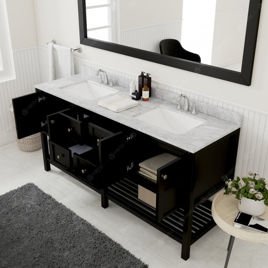 Winterfell 72" Double Bath Vanity in Espresso with White Marble Top and Square Sinks with Polished Chrome Faucets and Mirror