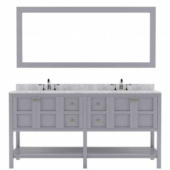 Winterfell 72" Double Bath Vanity in Gray with White Marble Top and Square Sinks and Matching Mirror