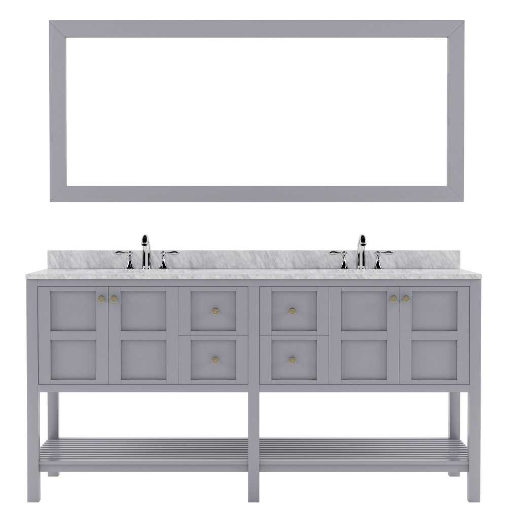 Winterfell 72" Double Bath Vanity in Gray with White Marble Top and Square Sinks and Matching Mirror