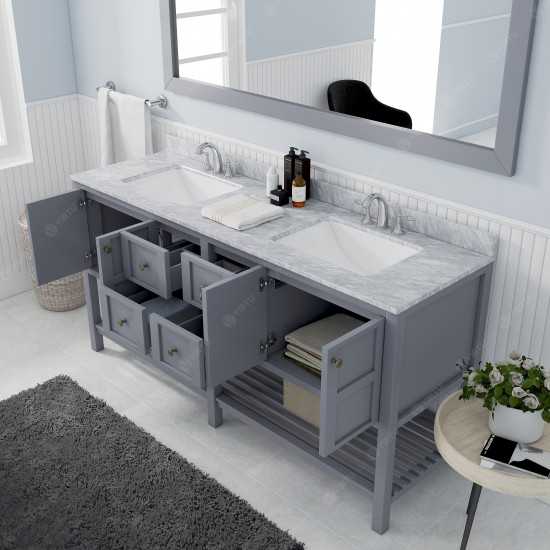 Winterfell 72" Double Bath Vanity in Gray with White Marble Top and Square Sinks and Matching Mirror