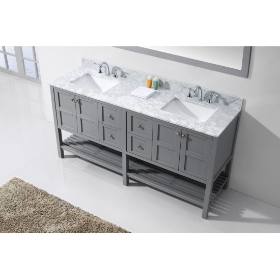 Winterfell 72" Double Bath Vanity in Gray with White Marble Top and Square Sinks and Matching Mirror