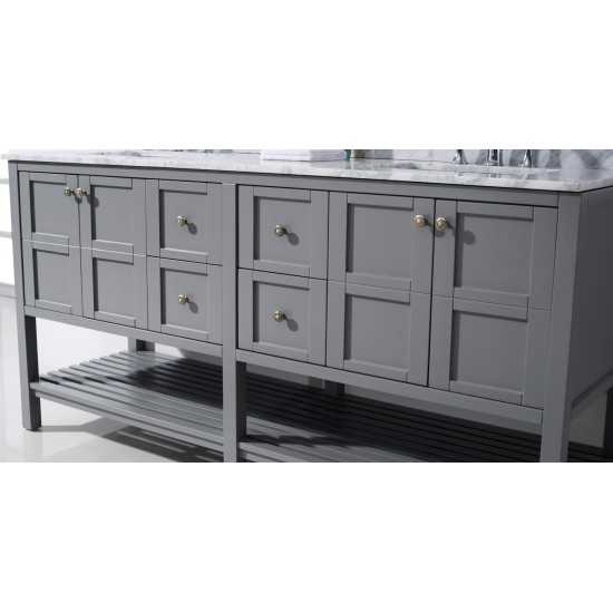 Winterfell 72" Double Bath Vanity in Gray with White Marble Top and Square Sinks and Matching Mirror