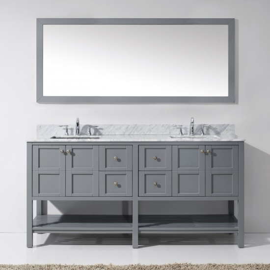 Winterfell 72" Double Bath Vanity in Gray with White Marble Top and Square Sinks with Brushed Nickel Faucets and Matching Mir