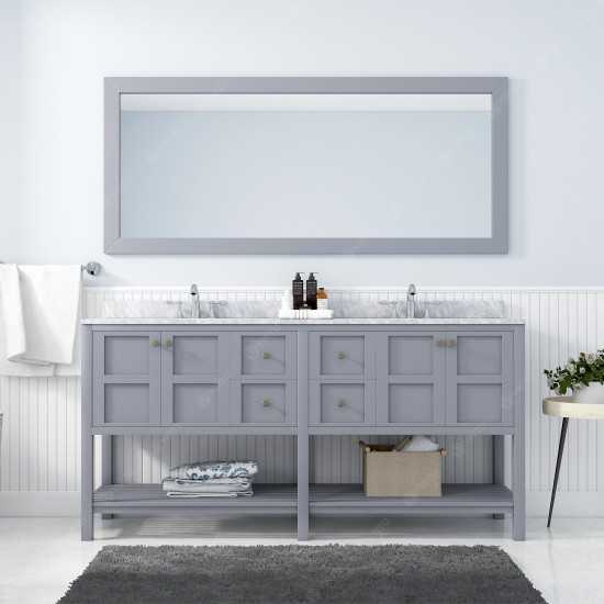 Winterfell 72" Double Bath Vanity in Gray with White Marble Top and Square Sinks with Brushed Nickel Faucets and Matching Mir