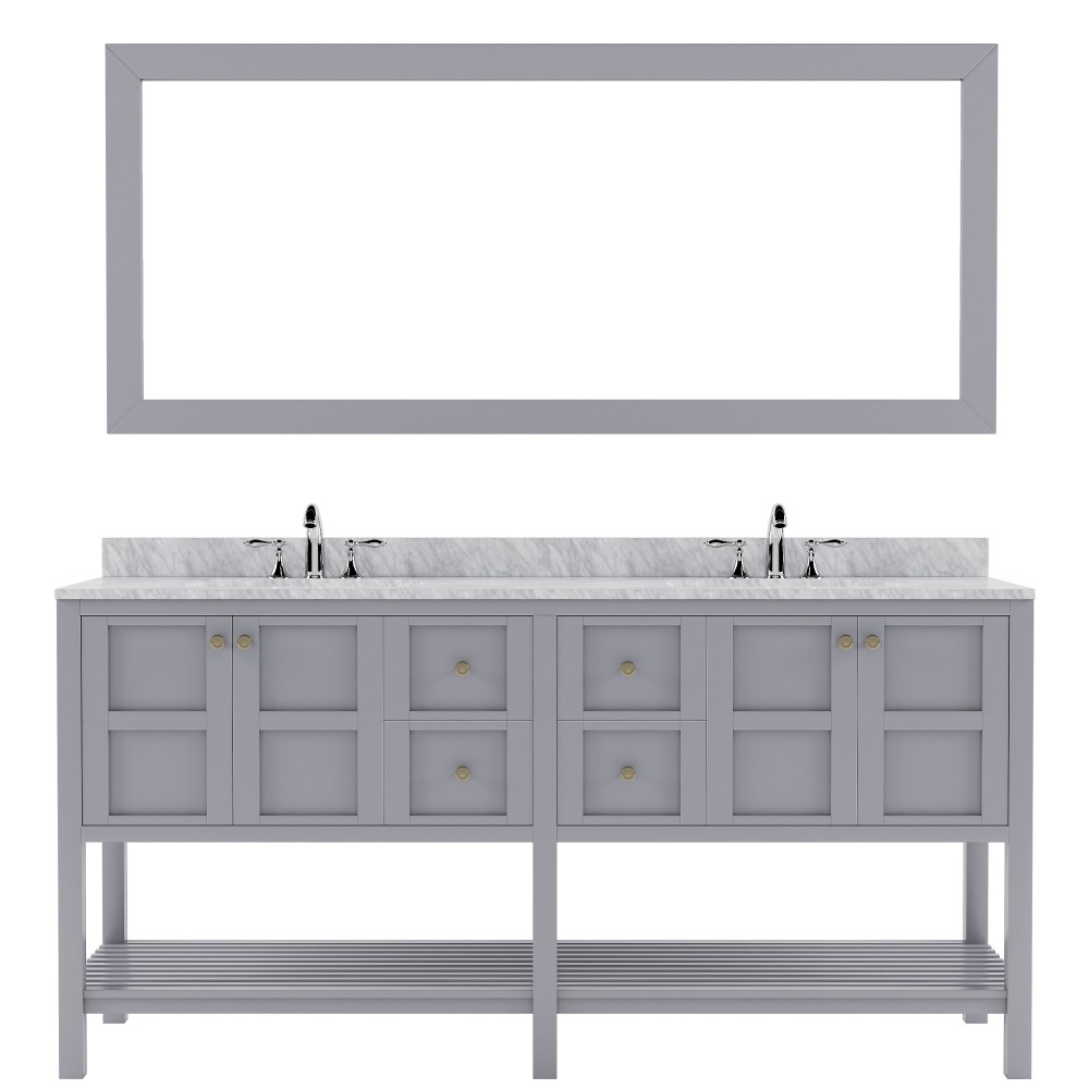 Winterfell 72" Double Bath Vanity in Gray with White Marble Top and Square Sinks with Polished Chrome Faucets and Mirror