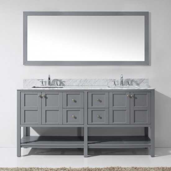 Winterfell 72" Double Bath Vanity in Gray with White Marble Top and Square Sinks with Polished Chrome Faucets and Mirror