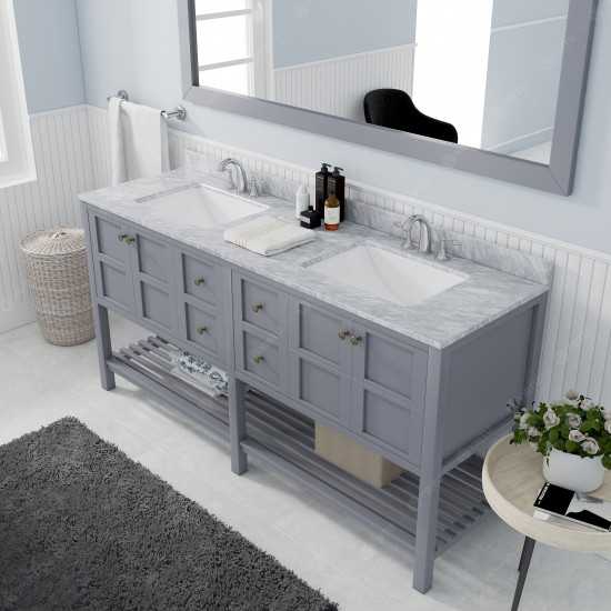 Winterfell 72" Double Bath Vanity in Gray with White Marble Top and Square Sinks with Polished Chrome Faucets and Mirror