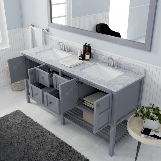 Winterfell 72" Double Bath Vanity in Gray with White Marble Top and Square Sinks with Polished Chrome Faucets and Mirror