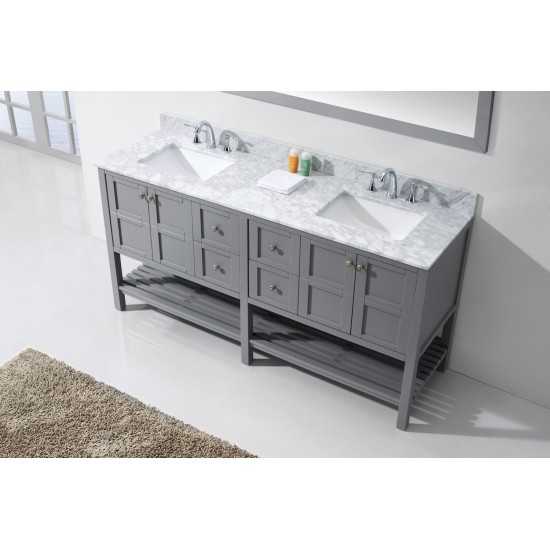 Winterfell 72" Double Bath Vanity in Gray with White Marble Top and Square Sinks with Polished Chrome Faucets and Mirror