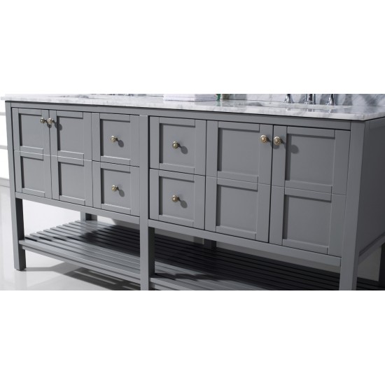 Winterfell 72" Double Bath Vanity in Gray with White Marble Top and Square Sinks with Polished Chrome Faucets and Mirror