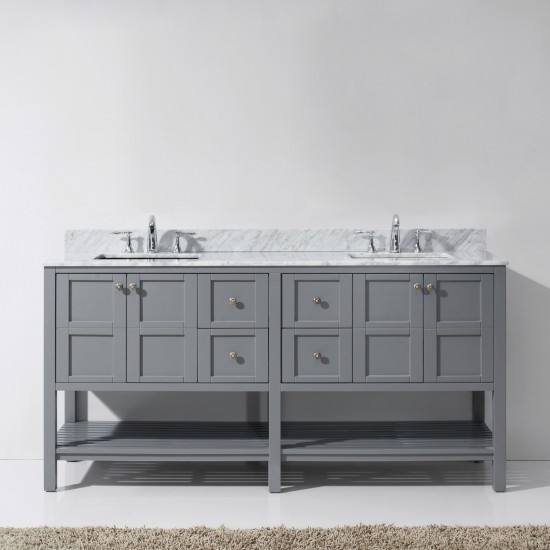 Winterfell 72" Double Bath Vanity in Gray with White Marble Top and Square Sinks