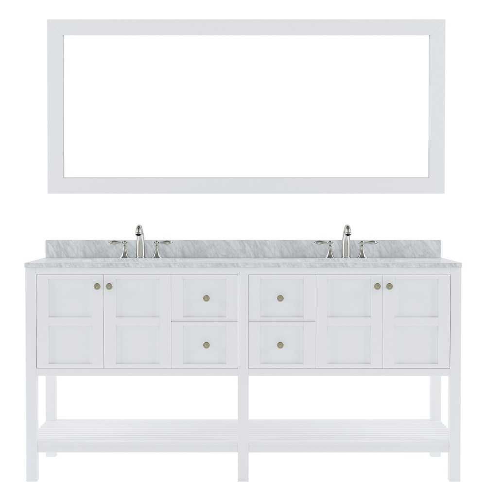 Winterfell 72" Double Bath Vanity in White with White Marble Top and Square Sinks and Matching Mirror