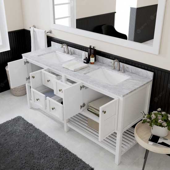 Winterfell 72" Double Bath Vanity in White with White Marble Top and Square Sinks and Matching Mirror