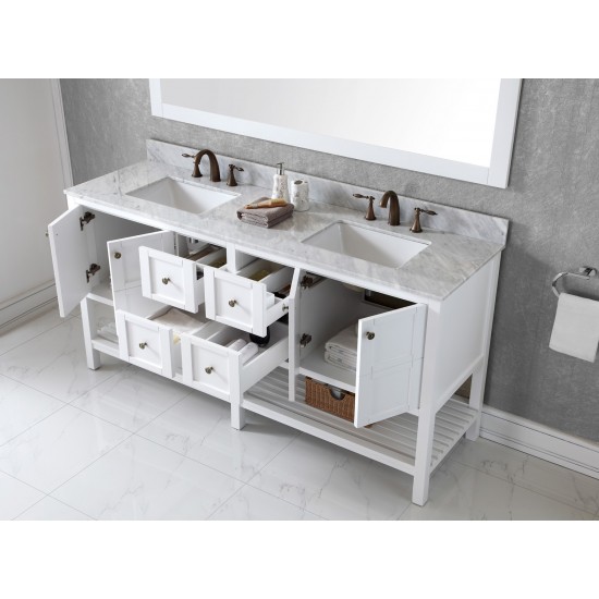 Winterfell 72" Double Bath Vanity in White with White Marble Top and Square Sinks and Matching Mirror