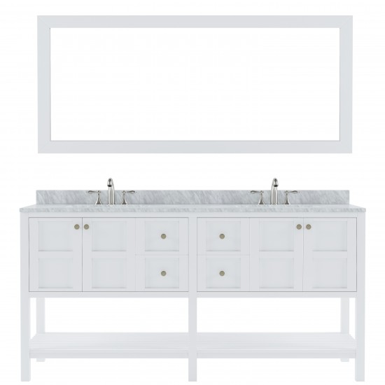 Winterfell 72" Double Bath Vanity in White with White Marble Top and Square Sinks with Brushed Nickel Faucets and Mirror