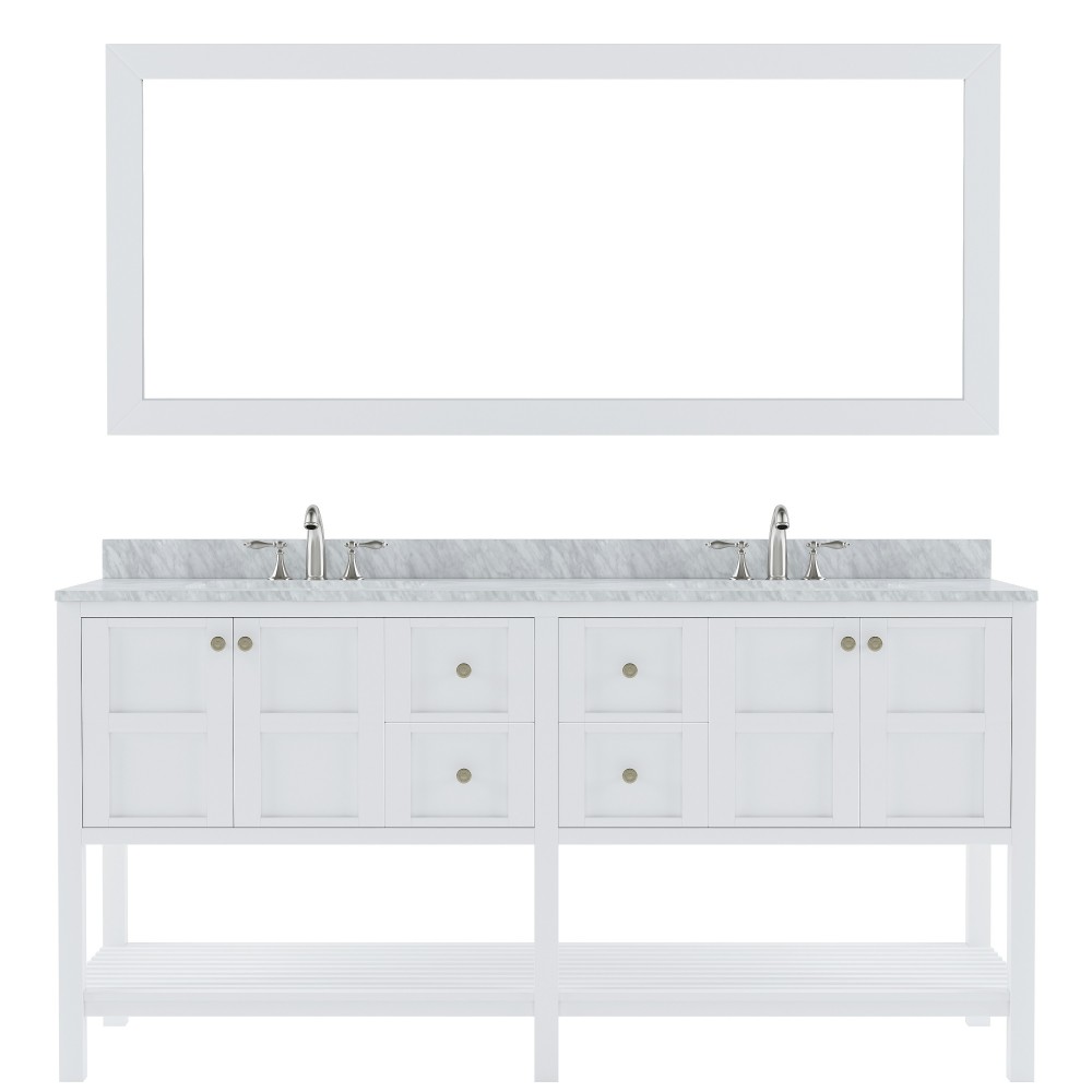 Winterfell 72" Double Bath Vanity in White with White Marble Top and Square Sinks with Brushed Nickel Faucets and Mirror