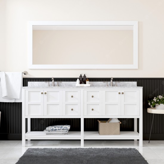 Winterfell 72" Double Bath Vanity in White with White Marble Top and Square Sinks with Polished Chrome Faucets and Mirror