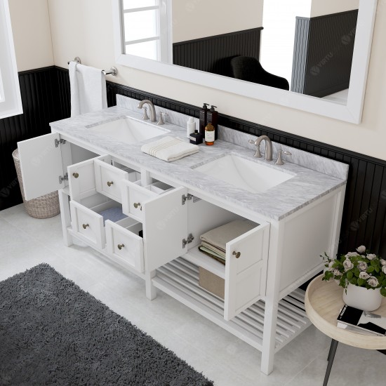 Winterfell 72" Double Bath Vanity in White with White Marble Top and Square Sinks with Polished Chrome Faucets and Mirror