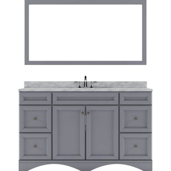 Talisa 60" Single Bath Vanity in Gray with White Marble Top and Round Sink with Polished Chrome Faucet and Matching Mirror