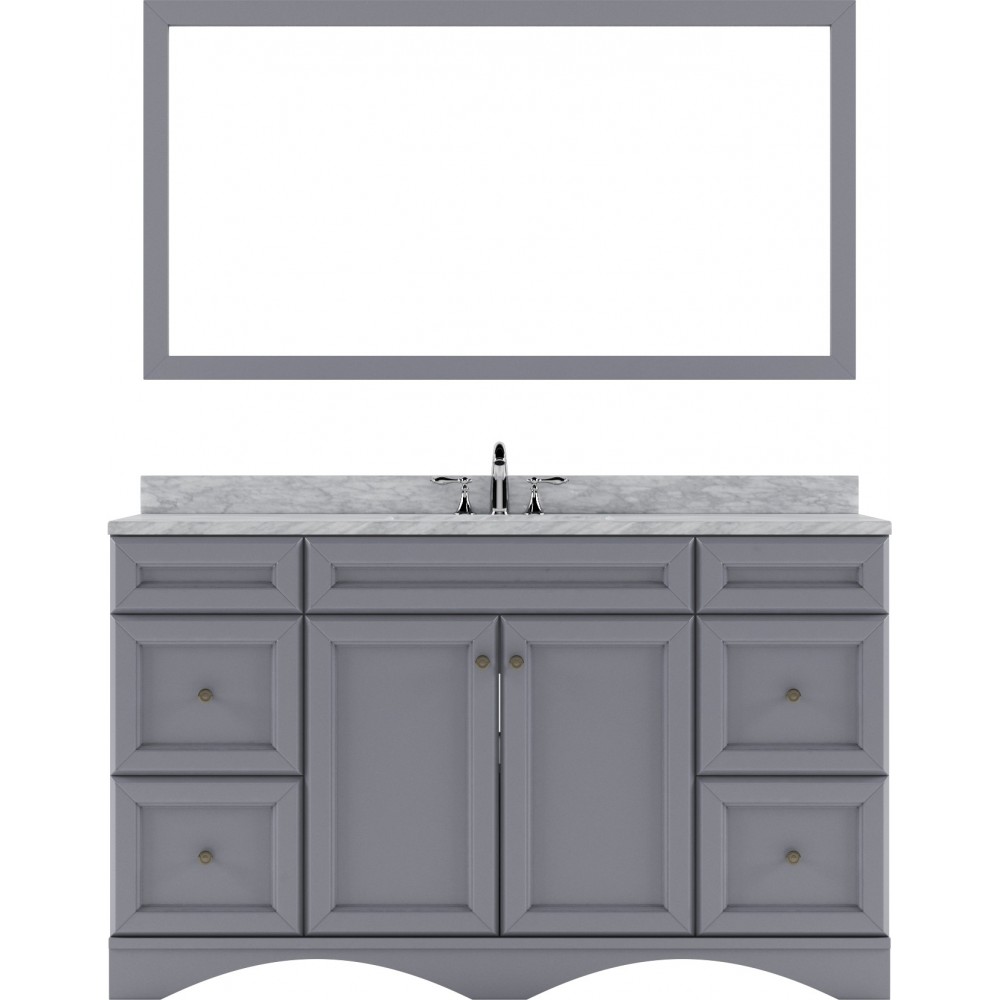 Talisa 60" Single Bath Vanity in Gray with White Marble Top and Round Sink with Polished Chrome Faucet and Matching Mirror