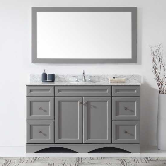 Talisa 60" Single Bath Vanity in Gray with White Marble Top and Round Sink with Polished Chrome Faucet and Matching Mirror
