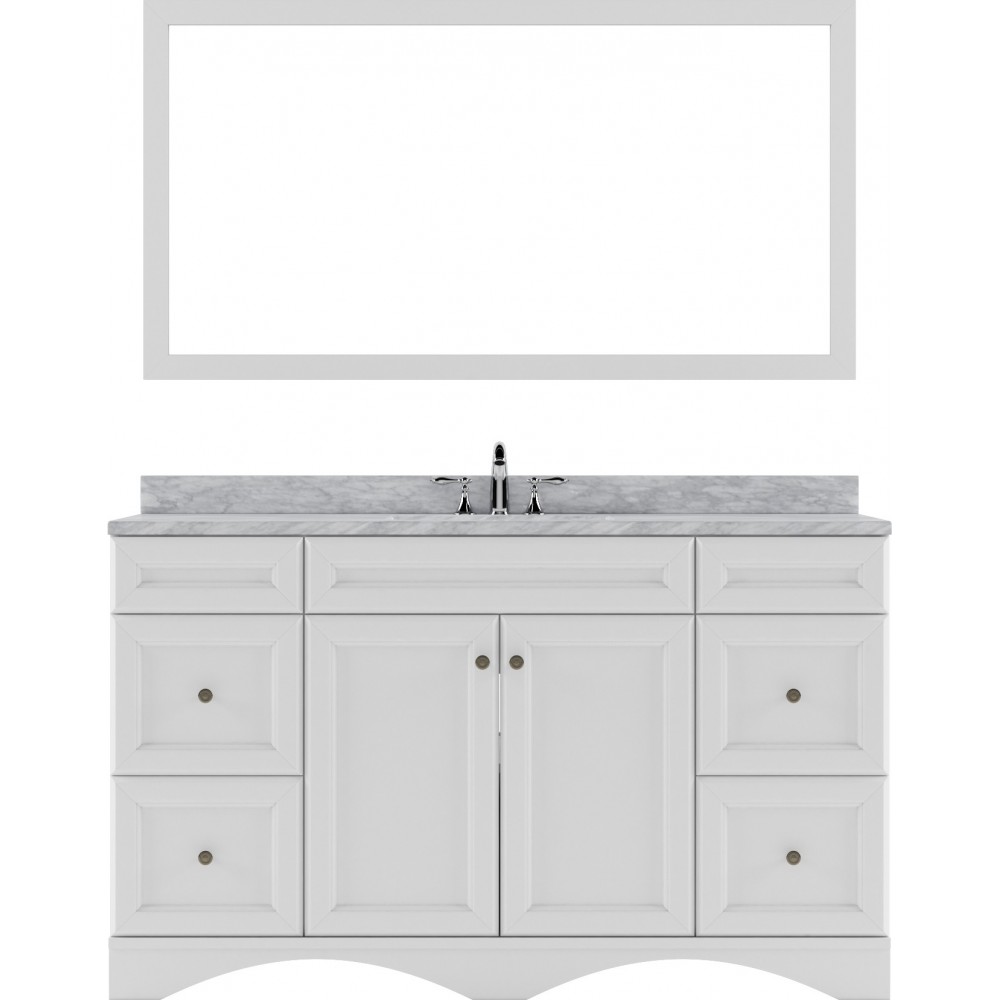 Talisa 60" Single Bath Vanity in White with White Marble Top and Round Sink and Matching Mirror