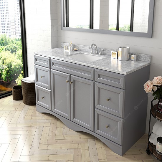 Talisa 60" Single Bath Vanity in Gray with White Marble Top and Square Sink with Brushed Nickel Faucet and Matching Mirror