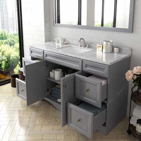 Talisa 60" Single Bath Vanity in Gray with White Marble Top and Square Sink with Brushed Nickel Faucet and Matching Mirror