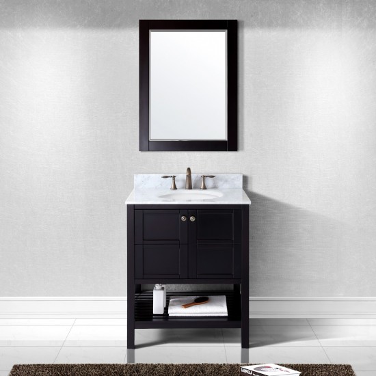 Winterfell 30" Single Bath Vanity in Espresso with White Marble Top and Round Sink and Matching Mirror