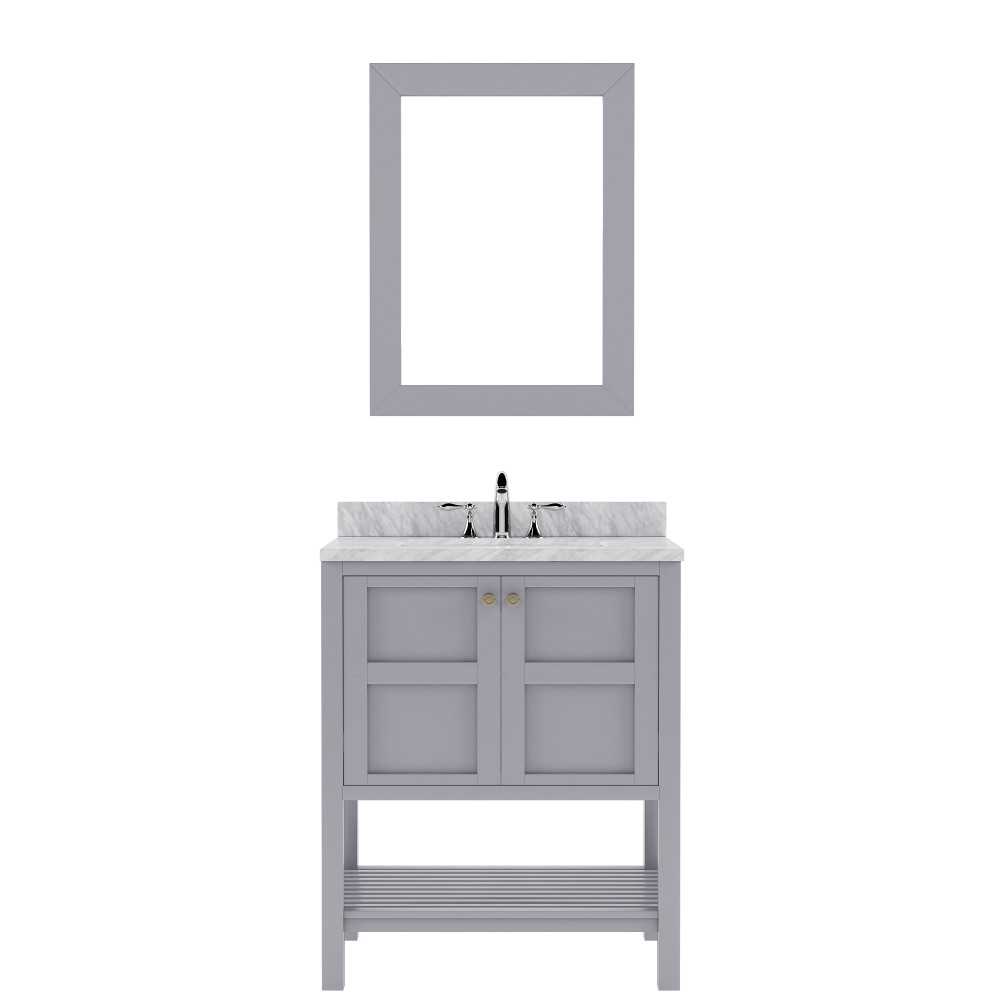 Winterfell 30" Single Bath Vanity in Gray with White Marble Top and Round Sink and Matching Mirror