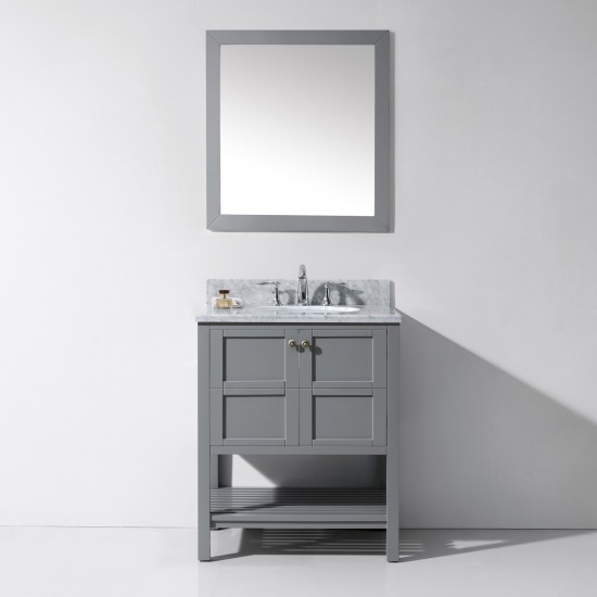 Winterfell 30" Single Bath Vanity in Gray with White Marble Top and Round Sink and Matching Mirror