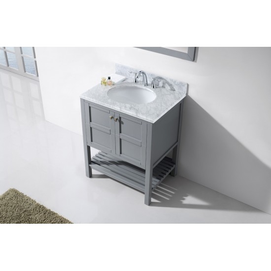 Winterfell 30" Single Bath Vanity in Gray with White Marble Top and Round Sink and Matching Mirror