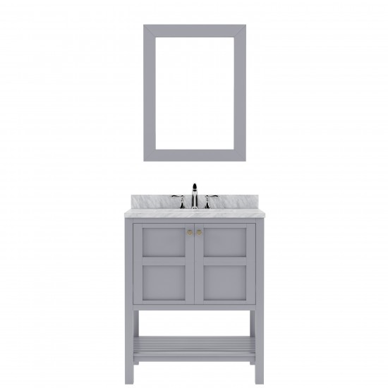 Winterfell 30" Single Bath Vanity in Gray with White Marble Top and Square Sink with Brushed Nickel Faucet and Matching Mirro