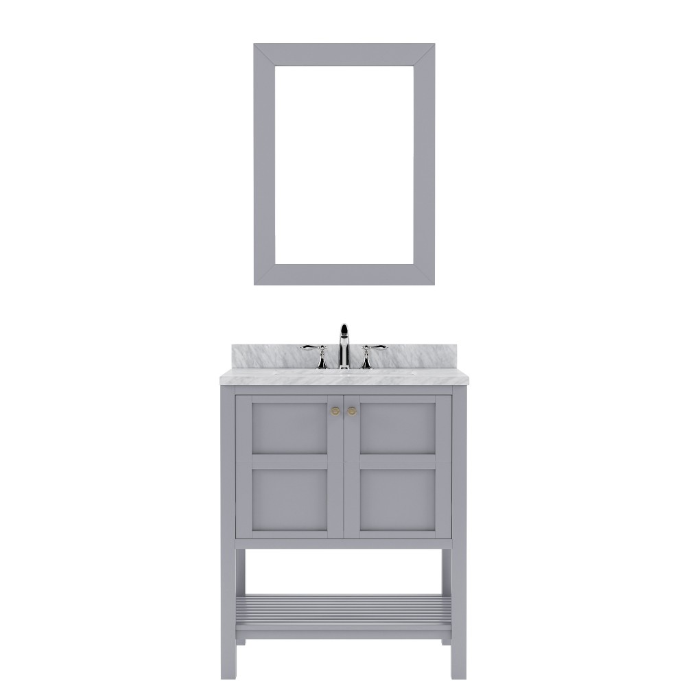 Winterfell 30" Single Bath Vanity in Gray with White Marble Top and Square Sink with Brushed Nickel Faucet and Matching Mirro