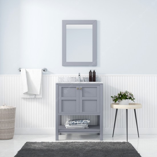 Winterfell 30" Single Bath Vanity in Gray with White Marble Top and Square Sink with Polished Chrome Faucet and Matching Mirr