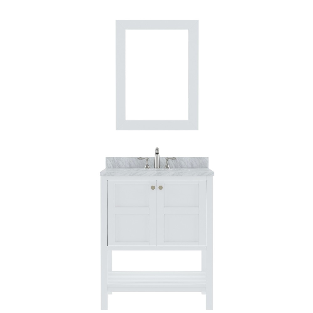 Winterfell 30" Single Bath Vanity in White with White Marble Top and Square Sink and Matching Mirror