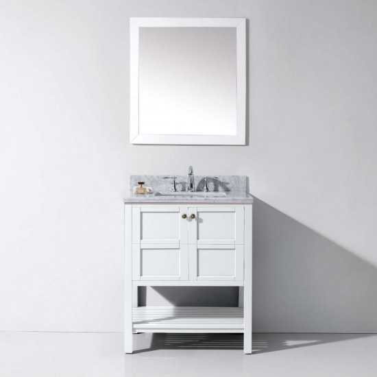 Winterfell 30" Single Bath Vanity in White with White Marble Top and Square Sink and Matching Mirror