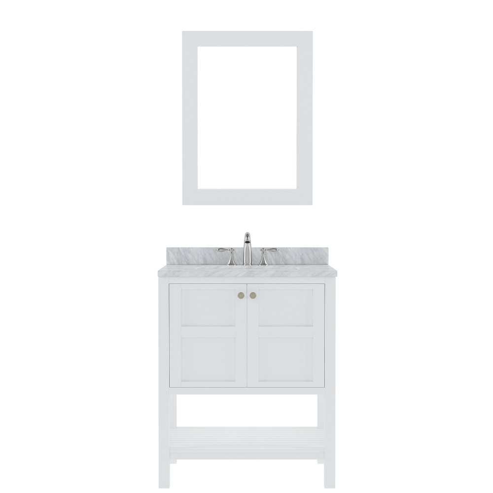 Winterfell 30" Single Bath Vanity in White with White Marble Top and Square Sink with Polished Chrome Faucet and Matching Mir