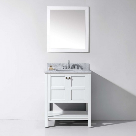 Winterfell 30" Single Bath Vanity in White with White Marble Top and Square Sink with Polished Chrome Faucet and Matching Mir