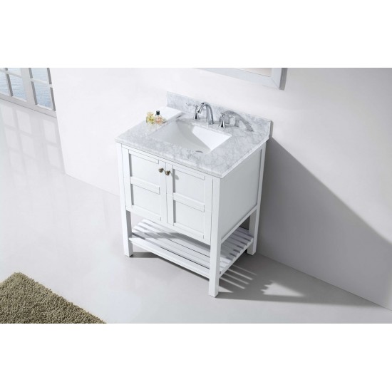 Winterfell 30" Single Bath Vanity in White with White Marble Top and Square Sink with Polished Chrome Faucet and Matching Mir