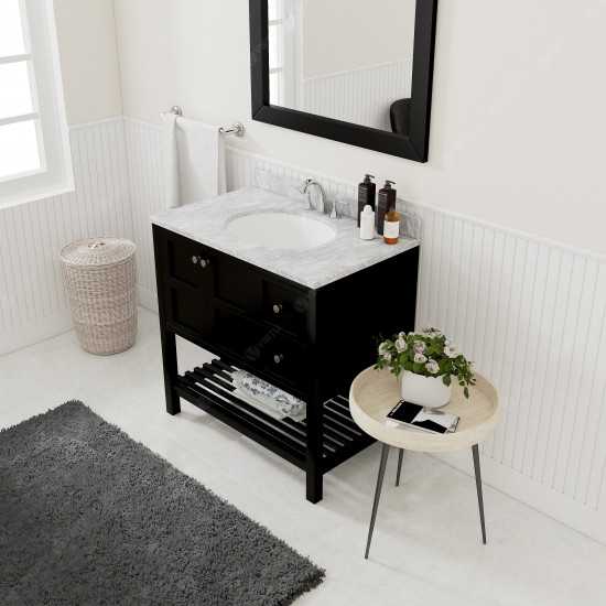 Winterfell 36" Single Bath Vanity in Espresso with White Marble Top and Round Sink and Matching Mirror