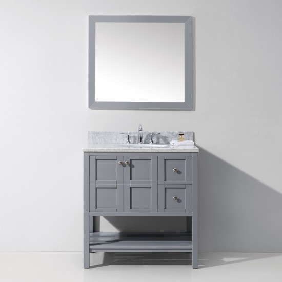 Winterfell 36" Single Bath Vanity in Gray with White Marble Top and Round Sink and Matching Mirror