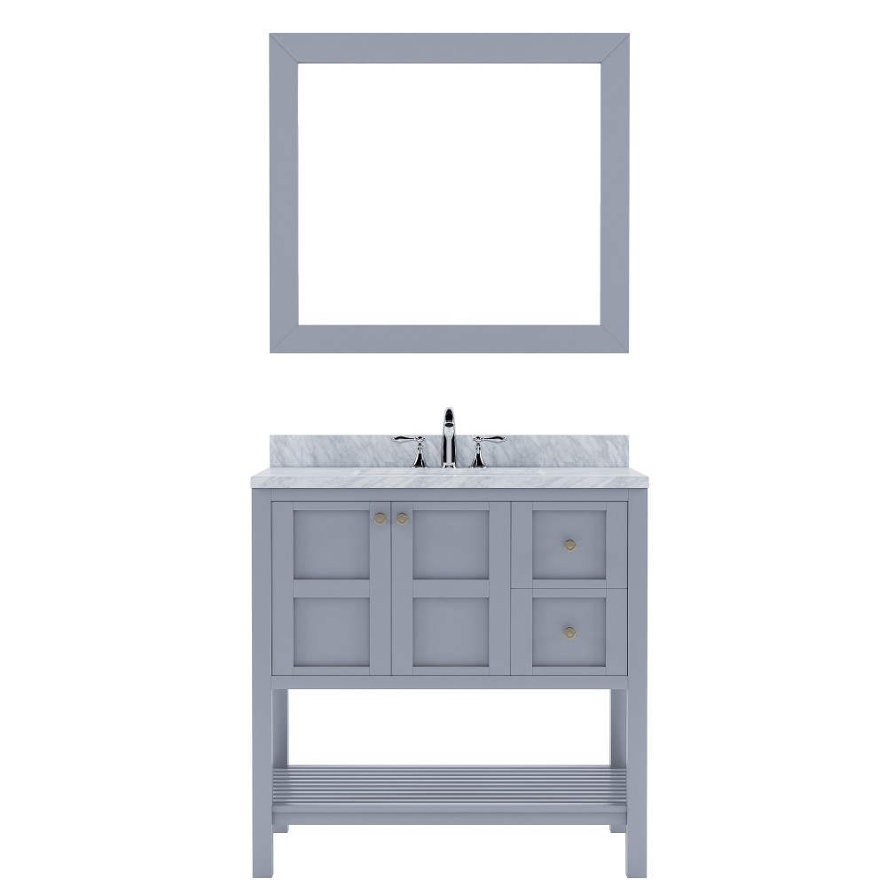 Winterfell 36" Single Bath Vanity in Gray with White Marble Top and Square Sink and Matching Mirror