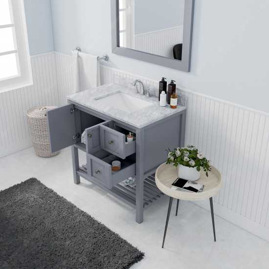 Winterfell 36" Single Bath Vanity in Gray with White Marble Top and Square Sink with Brushed Nickel Faucet and Matching Mirro