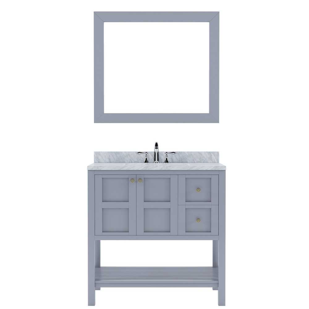 Winterfell 36" Single Bath Vanity in Gray with White Marble Top and Square Sink with Polished Chrome Faucet and Matching Mirr
