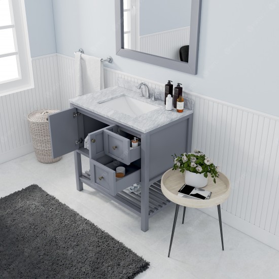 Winterfell 36" Single Bath Vanity in Gray with White Marble Top and Square Sink with Polished Chrome Faucet and Matching Mirr