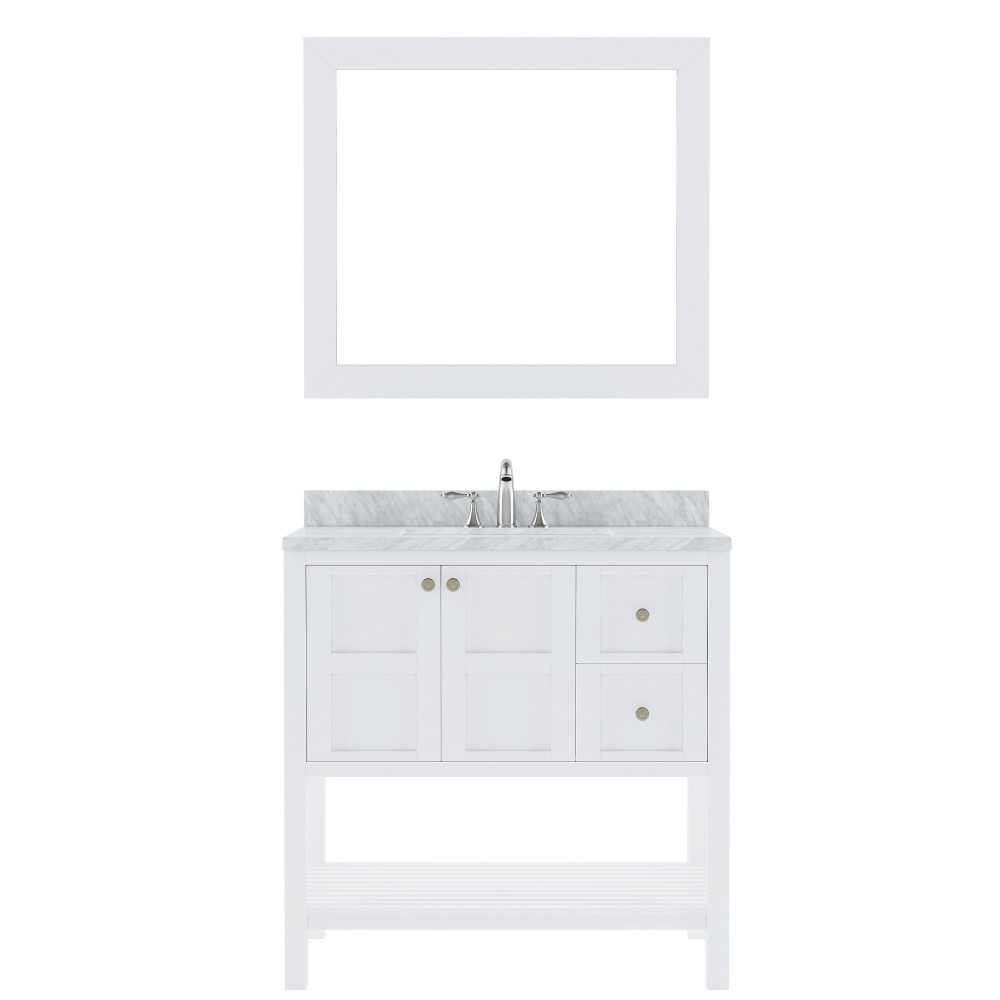 Winterfell 36" Single Bath Vanity in White with White Marble Top and Square Sink and Matching Mirror